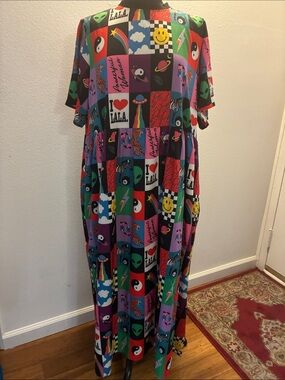 La La Rainbow Patchwork Graphic Lined Maxi Dress Size Medium